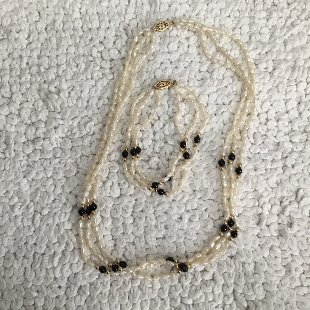 14/20 GF Vintage 80’s Triple Strand Rice Pearl Onyx Necklace Bracelet Set